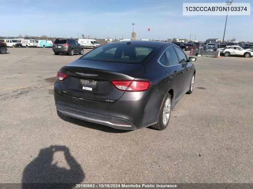 2016 Chrysler 200 Limited VIN: 1C3CCCAB7GN103374 Lot: 20180663