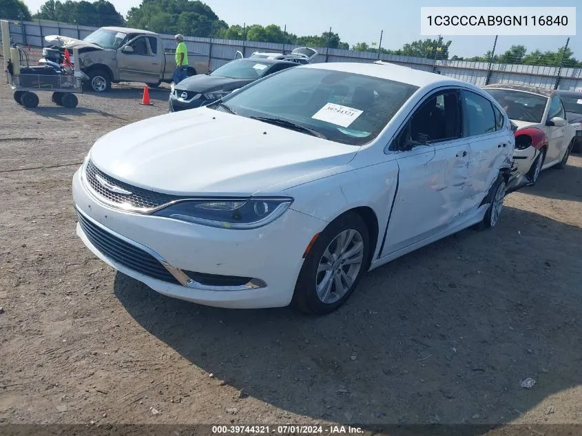 2016 Chrysler 200 Limited VIN: 1C3CCCAB9GN116840 Lot: 39744321