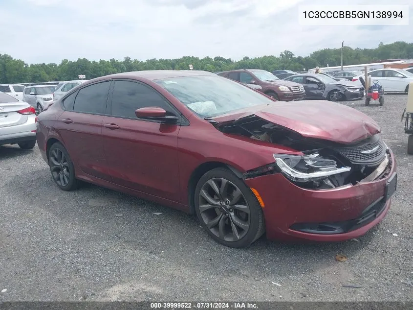 2016 Chrysler 200 S VIN: 1C3CCCBB5GN138994 Lot: 39999522