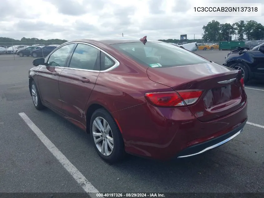 2016 Chrysler 200 Limited VIN: 1C3CCCAB2GN137318 Lot: 40197326