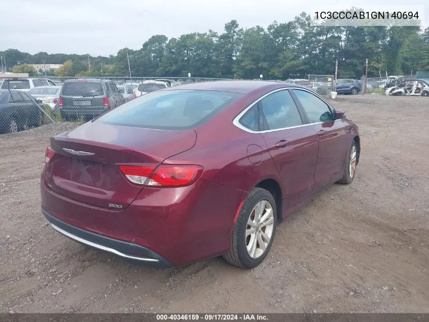 2016 Chrysler 200 Limited VIN: 1C3CCCAB1GN140694 Lot: 40346159