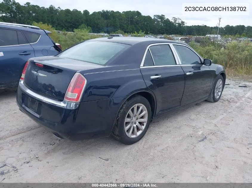 2012 Chrysler 300 Limited VIN: 2C3CCACG8CH138702 Lot: 40442566