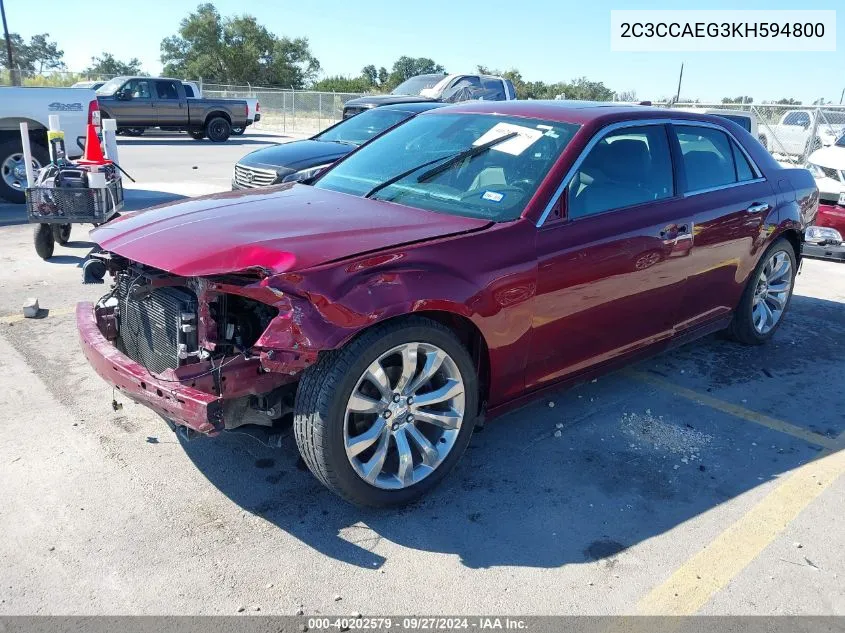 2019 Chrysler 300 Limited VIN: 2C3CCAEG3KH594800 Lot: 40202579