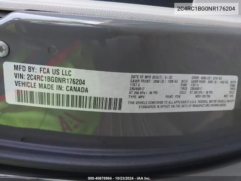 2C4RC1BG0NR176204 2022 Chrysler Pacifica Touring L