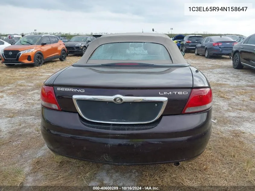 2004 Chrysler Sebring Limited VIN: 1C3EL65R94N158647 Lot: 40600289