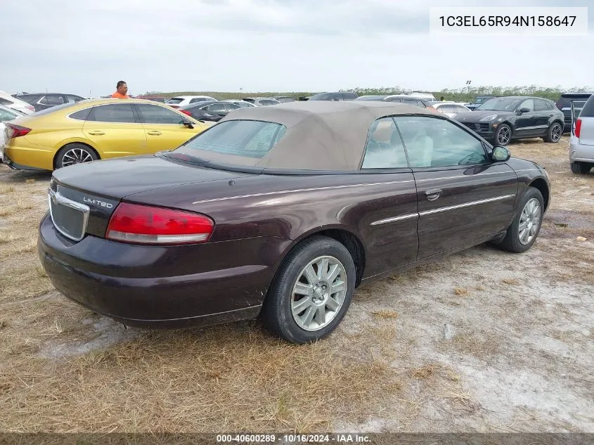 2004 Chrysler Sebring Limited VIN: 1C3EL65R94N158647 Lot: 40600289