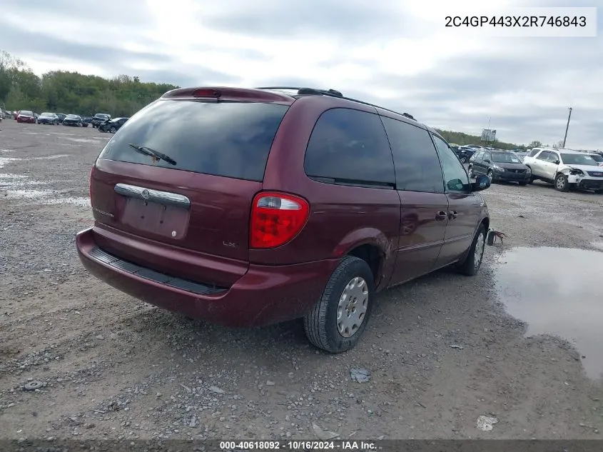 2002 Chrysler Town & Country Lx VIN: 2C4GP443X2R746843 Lot: 40618092