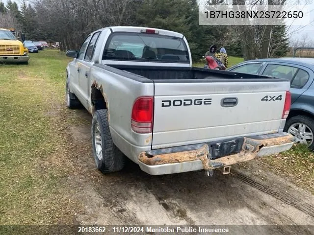 2002 Dodge Dakota V8 Quad Cab VIN: 1B7HG38NX2S722650 Lot: 20183662