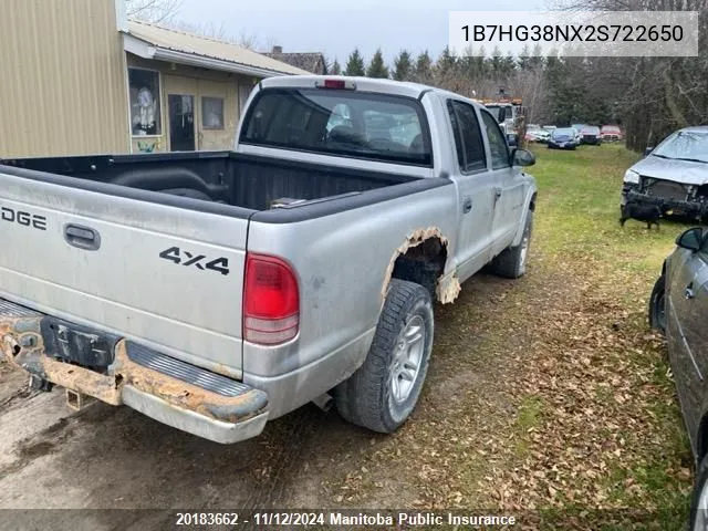 2002 Dodge Dakota V8 Quad Cab VIN: 1B7HG38NX2S722650 Lot: 20183662