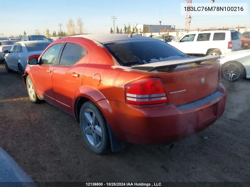 2008 Dodge Avenger R/T VIN: 1B3LC76M78N100216 Lot: 12136800