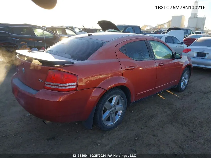 2008 Dodge Avenger R/T VIN: 1B3LC76M78N100216 Lot: 12136800