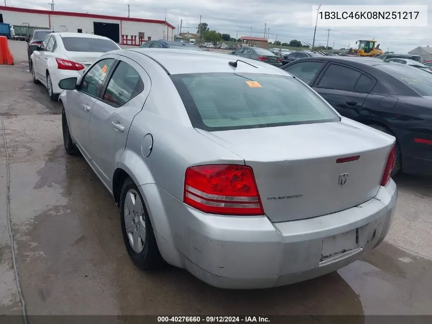 2008 Dodge Avenger Se VIN: 1B3LC46K08N251217 Lot: 40276660