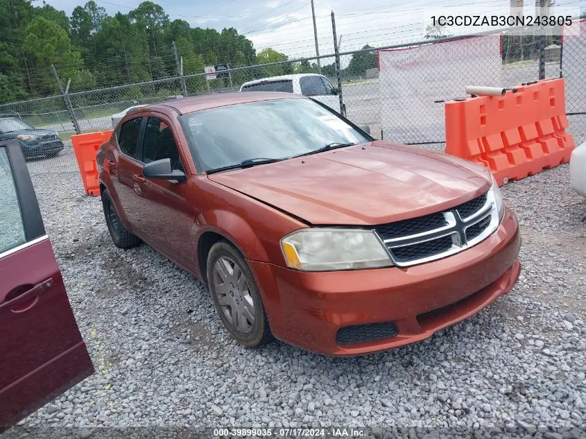 2012 Dodge Avenger Se VIN: 1C3CDZAB3CN243805 Lot: 39899035