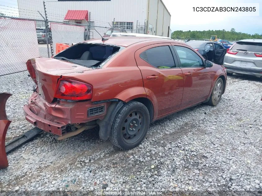 2012 Dodge Avenger Se VIN: 1C3CDZAB3CN243805 Lot: 39899035