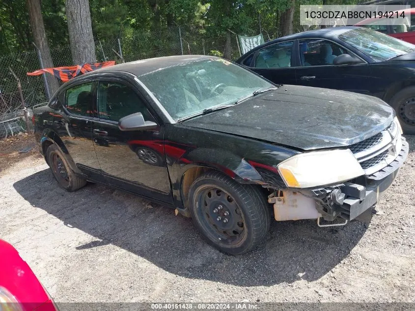 2012 Dodge Avenger Se VIN: 1C3CDZAB8CN194214 Lot: 40151438