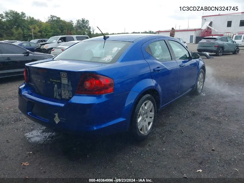 2012 Dodge Avenger Se VIN: 1C3CDZAB0CN324745 Lot: 40364996