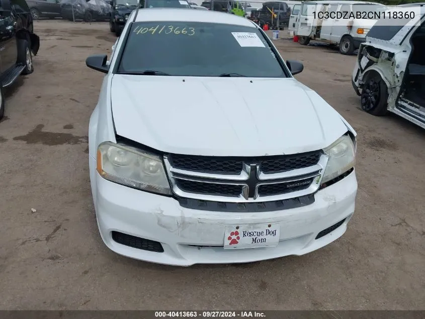 2012 Dodge Avenger Se VIN: 1C3CDZAB2CN118360 Lot: 40413663