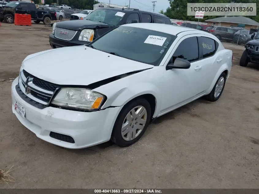 2012 Dodge Avenger Se VIN: 1C3CDZAB2CN118360 Lot: 40413663