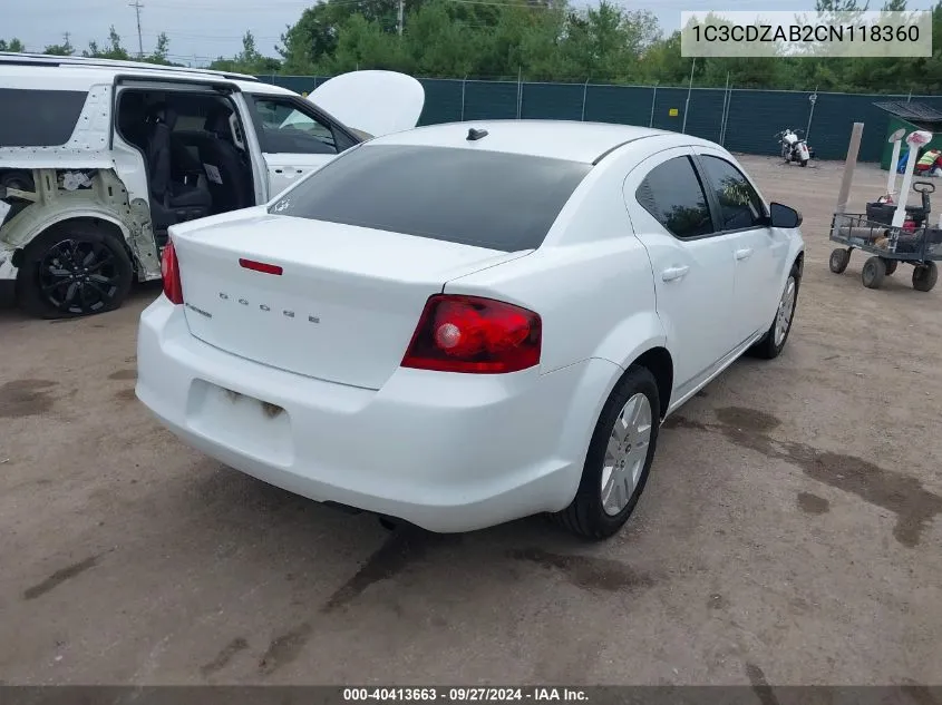 2012 Dodge Avenger Se VIN: 1C3CDZAB2CN118360 Lot: 40413663