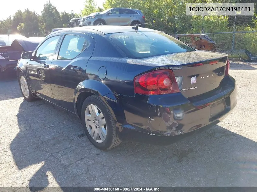 2012 Dodge Avenger Se VIN: 1C3CDZAB7CN198481 Lot: 40438160