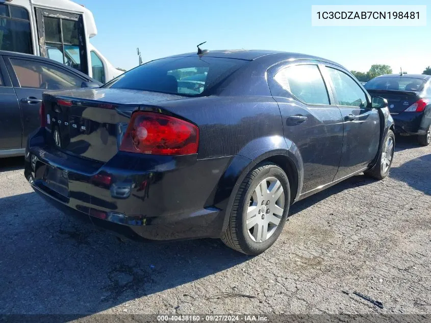 2012 Dodge Avenger Se VIN: 1C3CDZAB7CN198481 Lot: 40438160