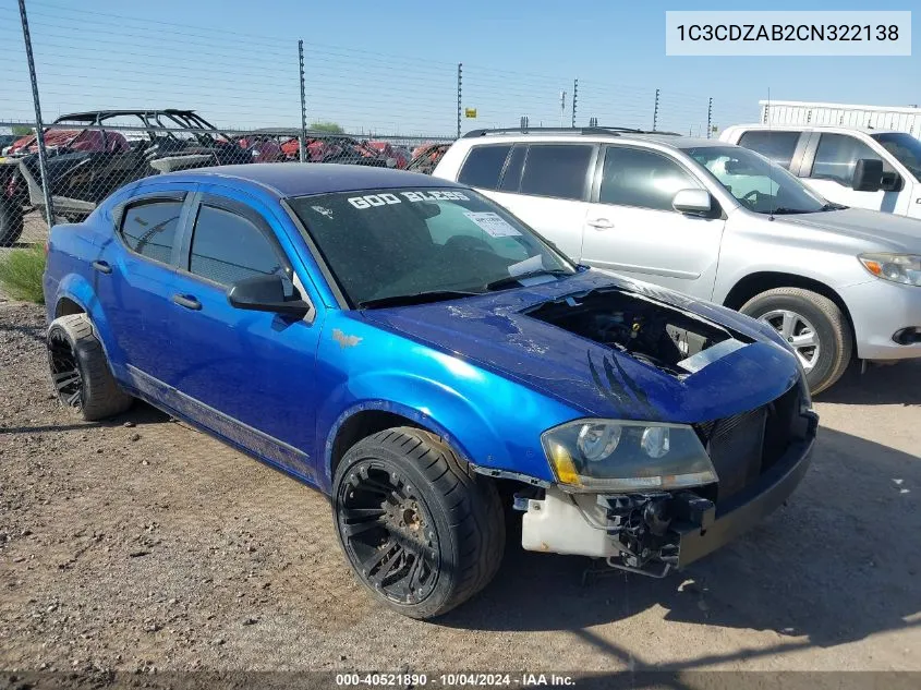 2012 Dodge Avenger Se VIN: 1C3CDZAB2CN322138 Lot: 40521890