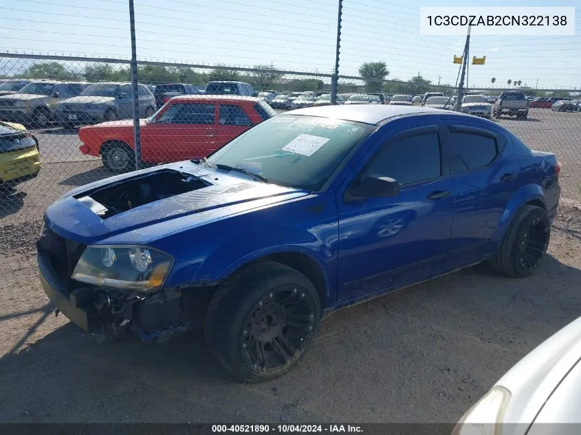 2012 Dodge Avenger Se VIN: 1C3CDZAB2CN322138 Lot: 40521890