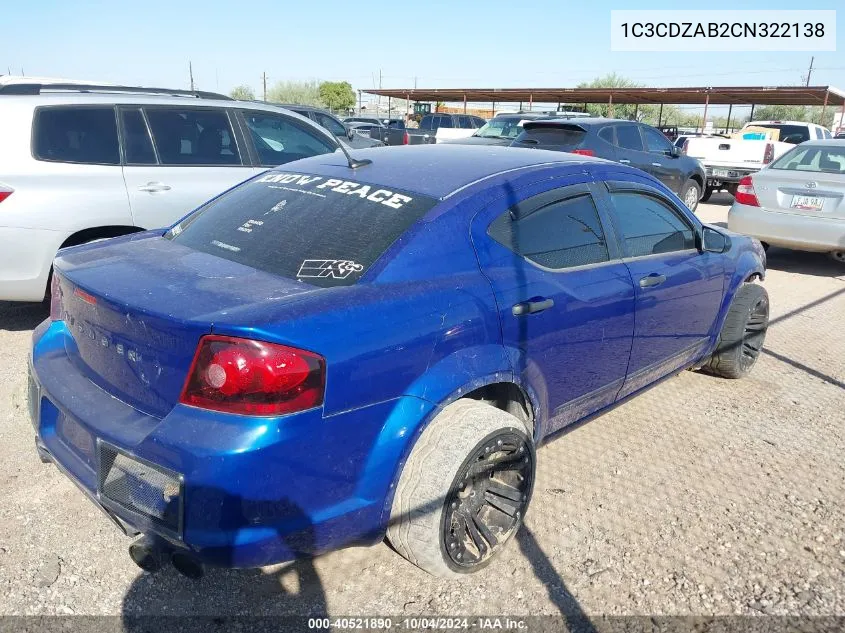 2012 Dodge Avenger Se VIN: 1C3CDZAB2CN322138 Lot: 40521890