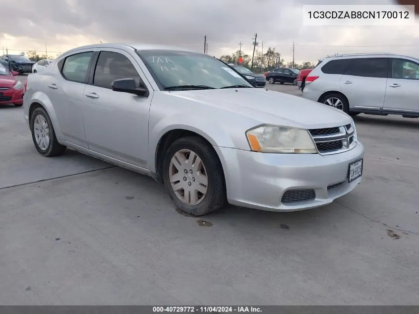 2012 Dodge Avenger Se VIN: 1C3CDZAB8CN170012 Lot: 40729772