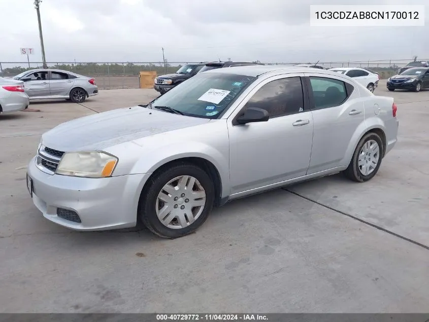 2012 Dodge Avenger Se VIN: 1C3CDZAB8CN170012 Lot: 40729772