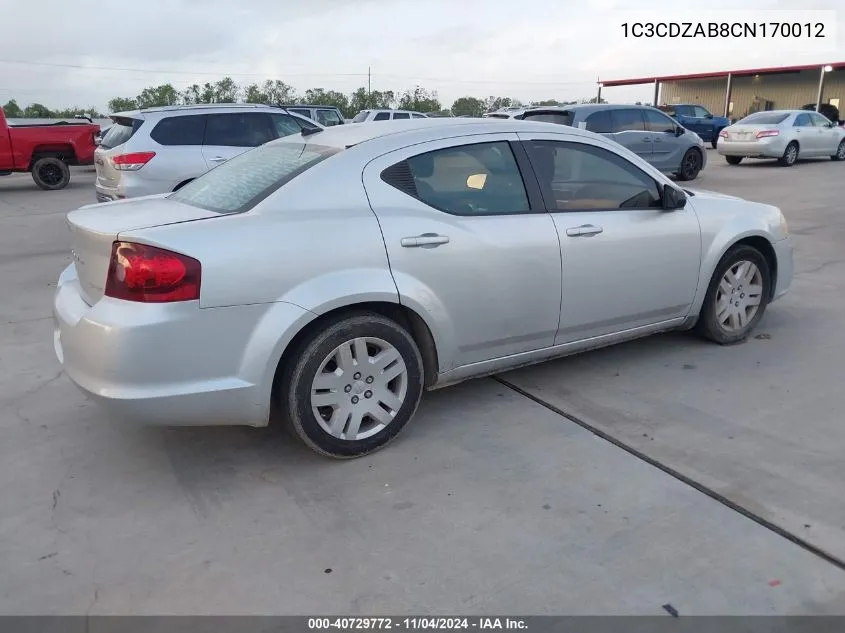 2012 Dodge Avenger Se VIN: 1C3CDZAB8CN170012 Lot: 40729772