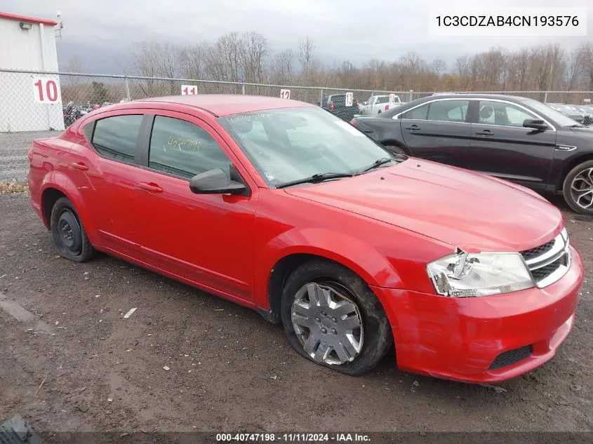 2012 Dodge Avenger Se VIN: 1C3CDZAB4CN193576 Lot: 40747198