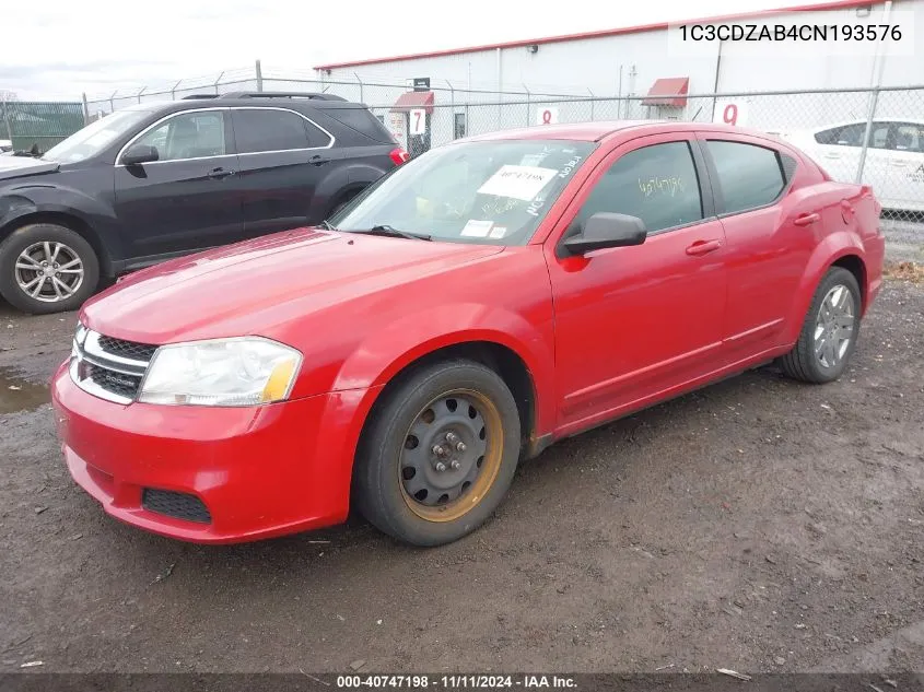 2012 Dodge Avenger Se VIN: 1C3CDZAB4CN193576 Lot: 40747198