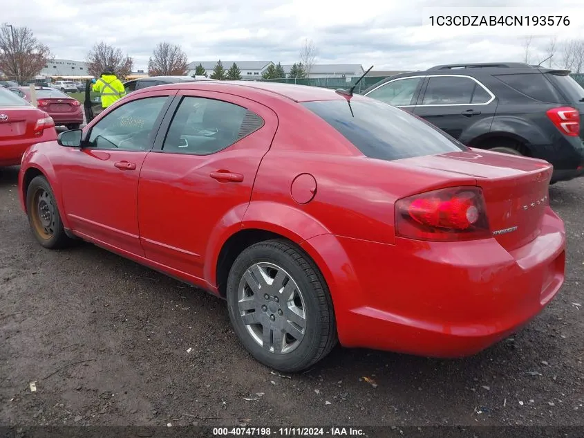 2012 Dodge Avenger Se VIN: 1C3CDZAB4CN193576 Lot: 40747198