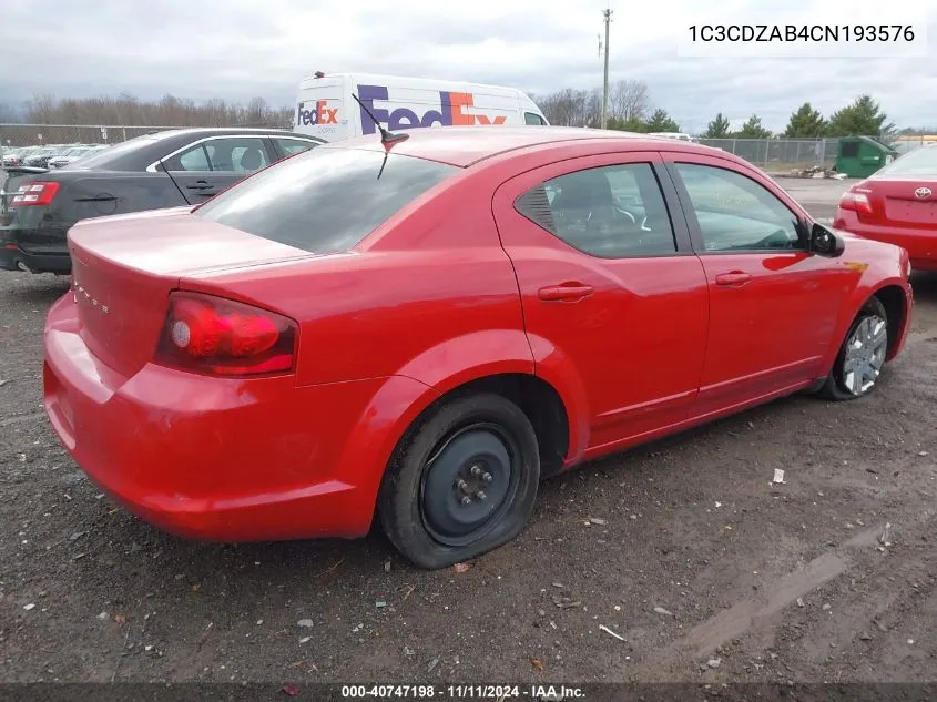 2012 Dodge Avenger Se VIN: 1C3CDZAB4CN193576 Lot: 40747198