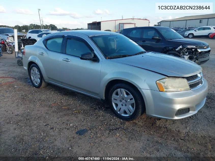 2012 Dodge Avenger Se VIN: 1C3CDZAB2CN238644 Lot: 40747480