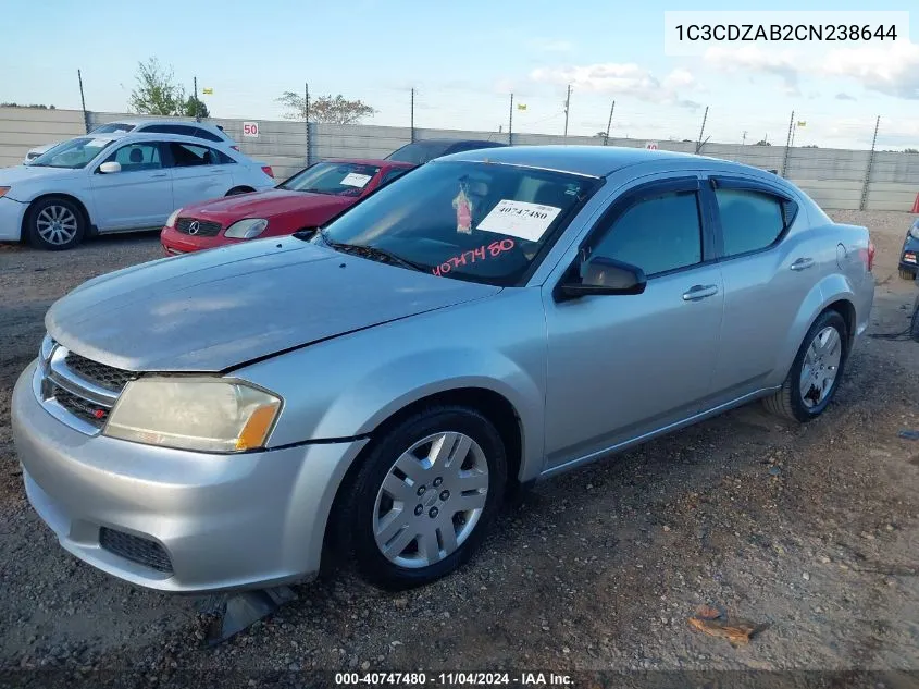 2012 Dodge Avenger Se VIN: 1C3CDZAB2CN238644 Lot: 40747480