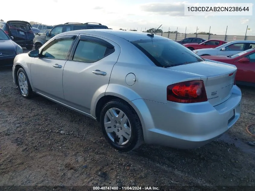 2012 Dodge Avenger Se VIN: 1C3CDZAB2CN238644 Lot: 40747480