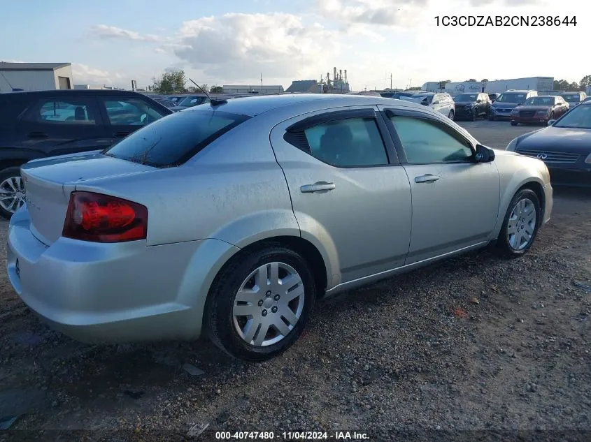 2012 Dodge Avenger Se VIN: 1C3CDZAB2CN238644 Lot: 40747480