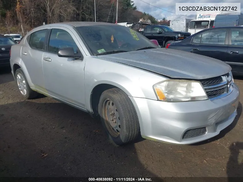 2012 Dodge Avenger Se VIN: 1C3CDZAB3CN122742 Lot: 40838092