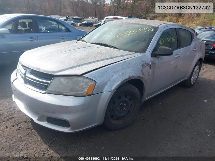 2012 Dodge Avenger Se VIN: 1C3CDZAB3CN122742 Lot: 40838092