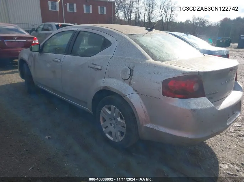 2012 Dodge Avenger Se VIN: 1C3CDZAB3CN122742 Lot: 40838092