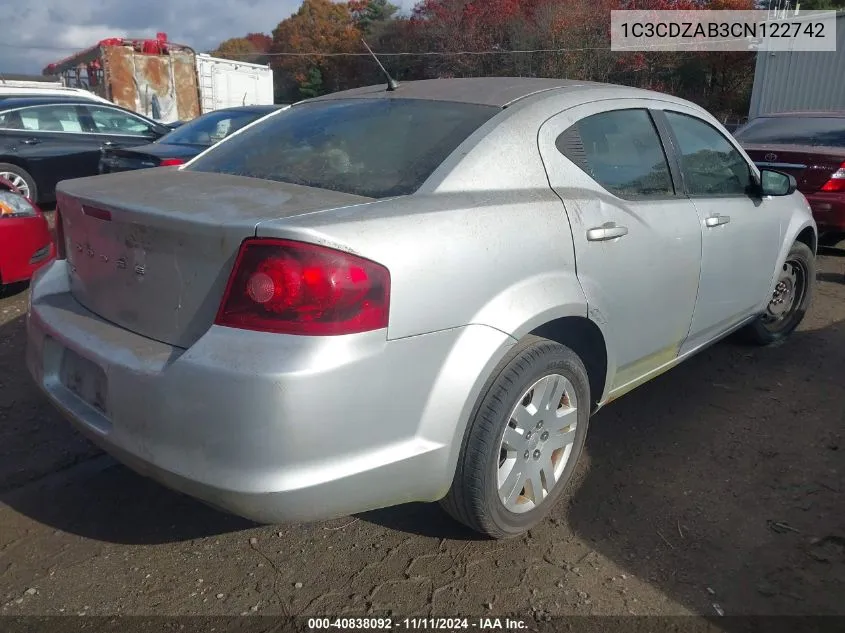 2012 Dodge Avenger Se VIN: 1C3CDZAB3CN122742 Lot: 40838092