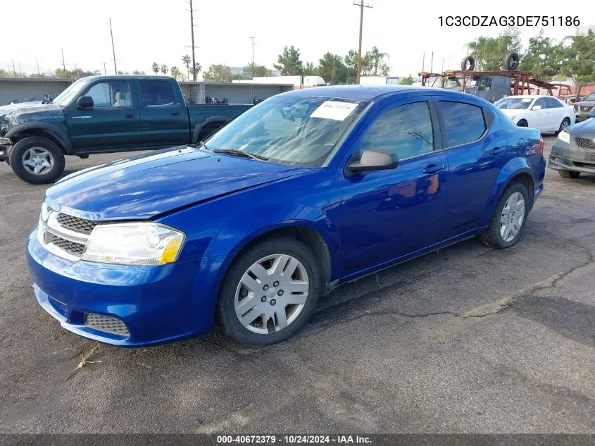 2013 Dodge Avenger Se V6 VIN: 1C3CDZAG3DE751186 Lot: 40672379