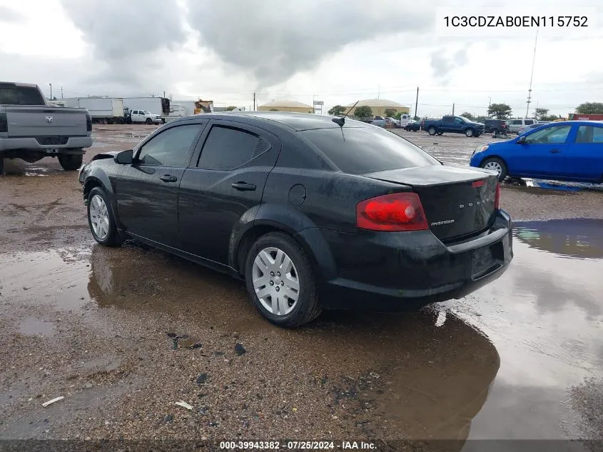 2014 Dodge Avenger Se VIN: 1C3CDZAB0EN115752 Lot: 39943382