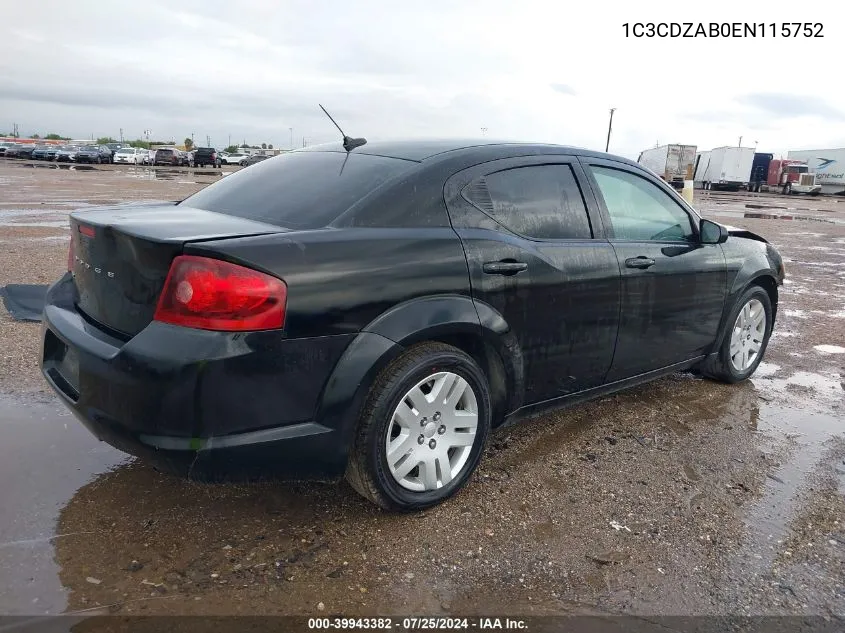 2014 Dodge Avenger Se VIN: 1C3CDZAB0EN115752 Lot: 39943382