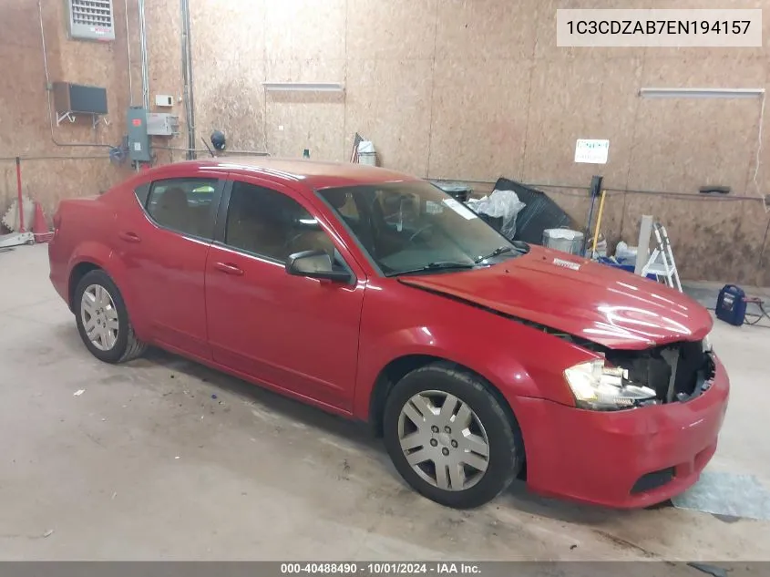 2014 Dodge Avenger Se VIN: 1C3CDZAB7EN194157 Lot: 40488490