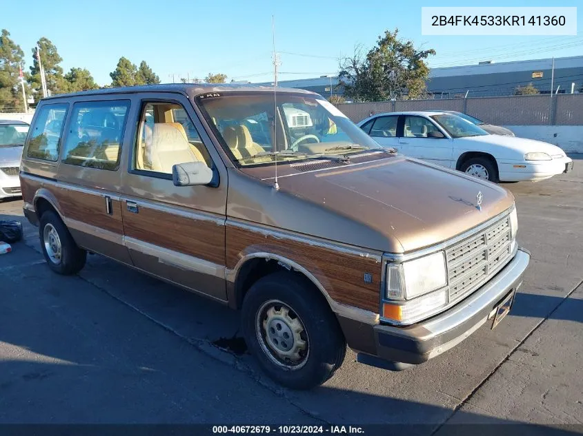 1989 Dodge Caravan Se VIN: 2B4FK4533KR141360 Lot: 40672679