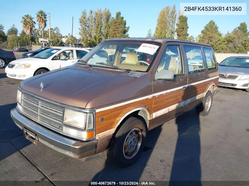 1989 Dodge Caravan Se VIN: 2B4FK4533KR141360 Lot: 40672679