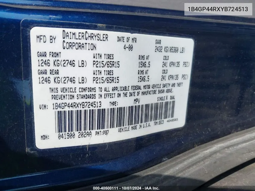 1B4GP44RXYB724513 2000 Dodge Grand Caravan Se